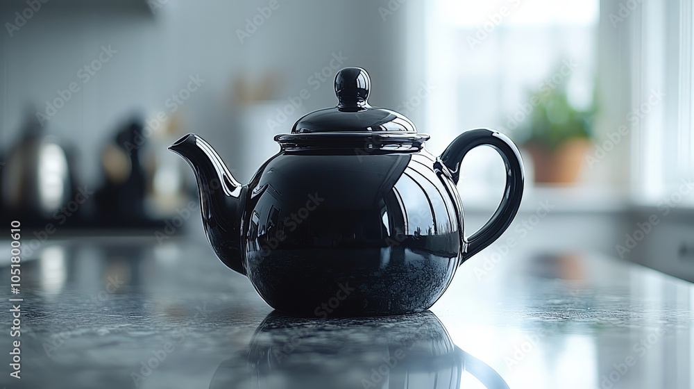 A glossy black teapot sits elegantly on a marble countertop, reflecting light in a serene kitchen. A glossy black teapot sits elegantly on a marble countertop, reflecting light in a serene kitchen.