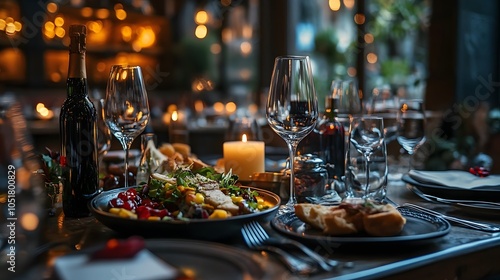 Elegant dining setup with a gourmet salad and candlelight ambiance.