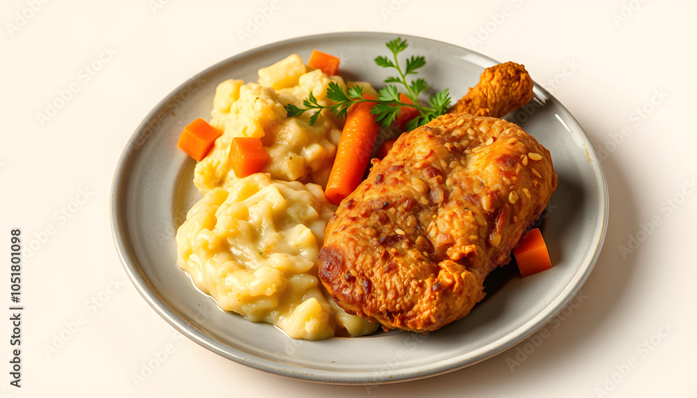 Plate with fried chicken and carrot and potato puree on beige background angle view isolated with white highlights, png Plate with fried chicken and carrot and potato puree on beige background angle view isolated with white highlights, png