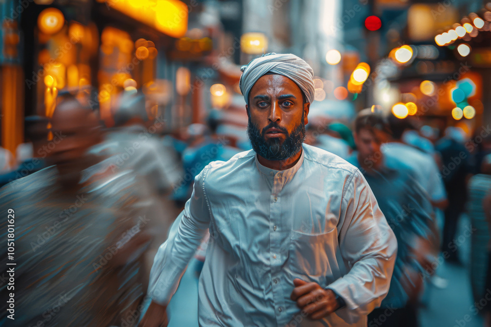 Fototapeta premium Man of Middle Eastern descent rushing down a busy street, late for an important event, navigates a crowded city square, weaving skillfully among pedestrians as he hurries to his destination