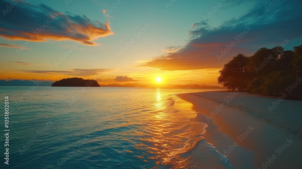 Obraz premium A serene sunset over a remote island, as the sun casts golden light onto a secluded beach.