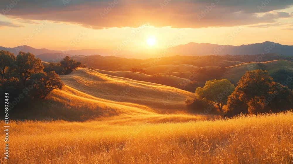 Fototapeta premium A serene sunset casts long shadows over a rolling hillside. And the scenery bathed in golden light