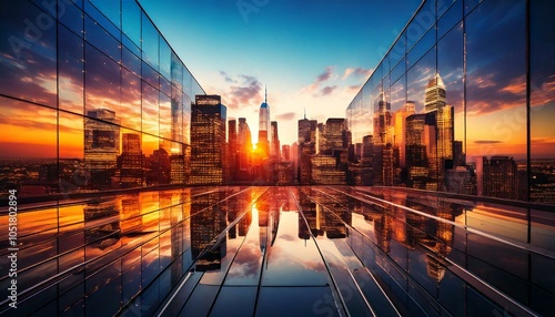 City Skyline at Twilight with Skyscrapers Reflecting Sunset Colors photo