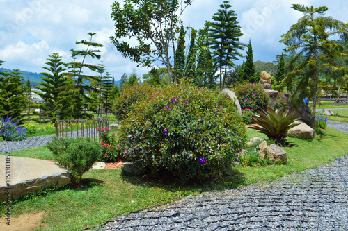 A serene garden in a mountainous area featuring vibrant flowers, lush greenery, and gravel paths winding through trees and rocky formations, creating a peaceful ambiance.