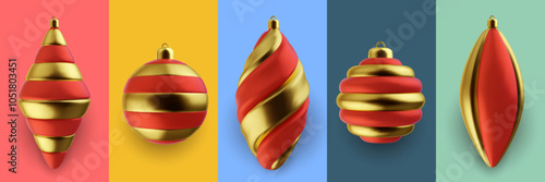 Realistic 3d vector Christmas toy isolated on color background. Set bright festive decoration new year elements from different materials.