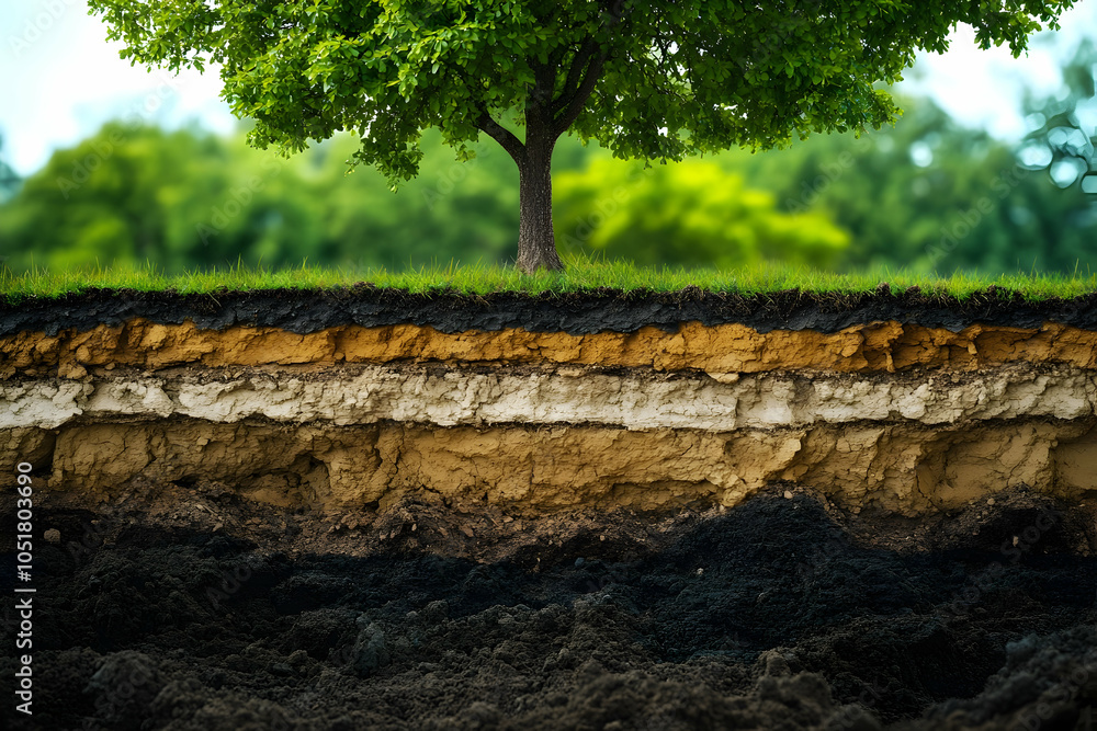 Fototapeta premium Detailed View Of Geological Layers With A Lush Green Tree On Top Representing Earth's Subsurface Composition. Generative AI