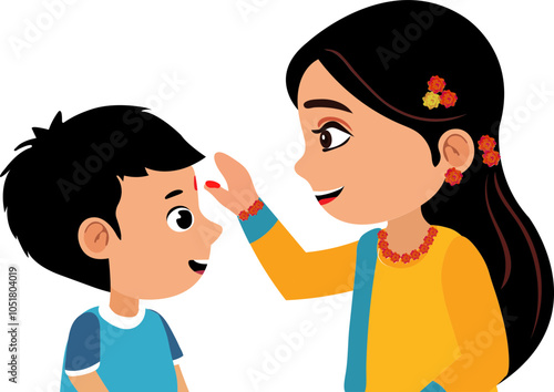 Cartoon Indian Sister applying tilak on forehead to brother on occasion of Bhai Dooj or Raksha Bandhan Icon.