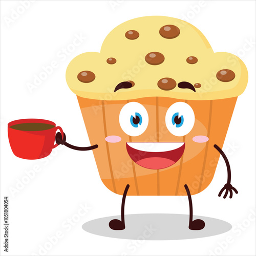 cute cheerful expression of muffin carry cup of coffee cartoon character