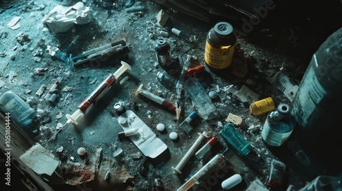 A table cluttered with discarded drug paraphernalia, including syringes, pills, and bottles. photo