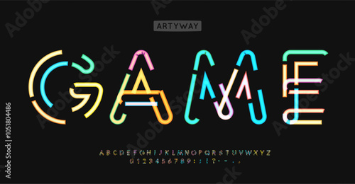Neon cyber typeface, bright dashed letters, Y2K arcade style, glowing digital typography, vibrant entertainment font for digital gaming healine and logo. Electric nightlife alphabet. Vector typeset.