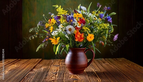 Bouquet of Wildflowers in Vibrant Colors in a Rustic Vas