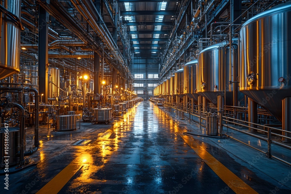 Fototapeta premium Industrial Factory Interior with Large Stainless Steel Tanks and Pipelines