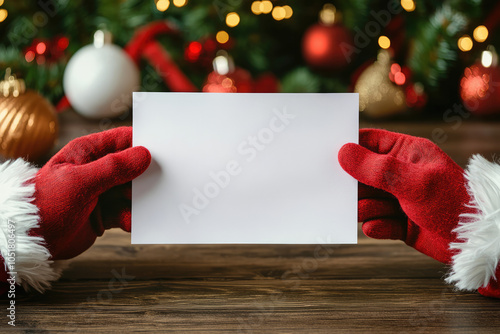First person view photo of hands holding a christmas greeting card in front of a xmas tree. Wish you a merry christmas postcard.
