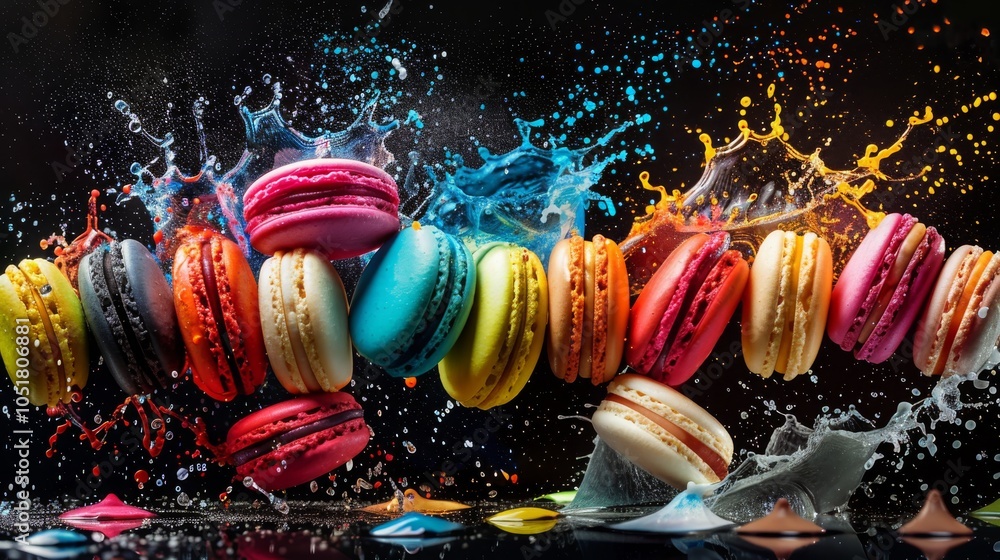 Fototapeta premium splash of colorful macarons, Generative AI,