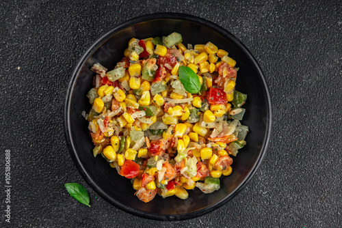 corn salad tasty food dish second course Fresh delicious gourmet food background on the table rustic food top view copy space top view keto and paleo diet Vegetarian and vegan food photo