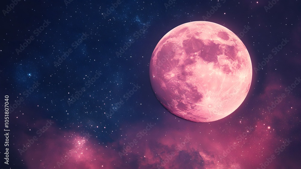 A stunning pink full moon against a starry night sky. A stunning pink full moon against a starry night sky.