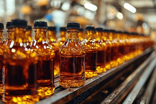 Close-up of Amber Glass Bottles on a Conveyor Belt in a Factory