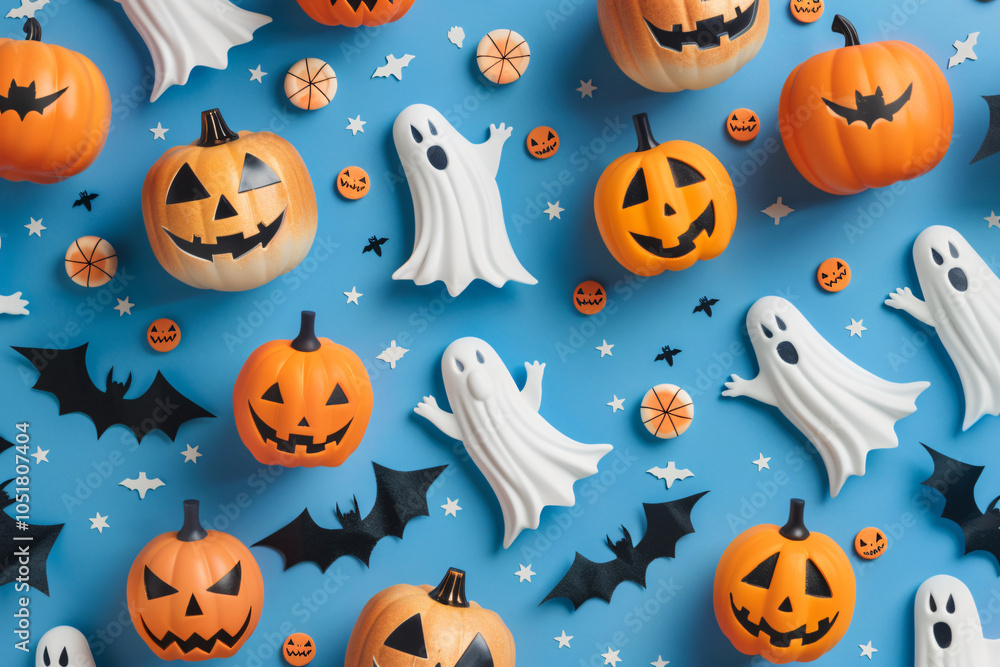 Design Pumpkins, bats, and ghosts in a repeating pattern. Design Pumpkins, bats, and ghosts in a repeating pattern.