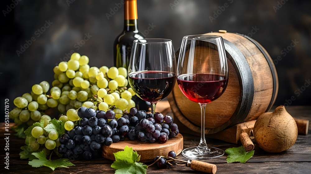Fototapeta premium A rustic still life featuring red wine, grapes, and wooden barrel.
