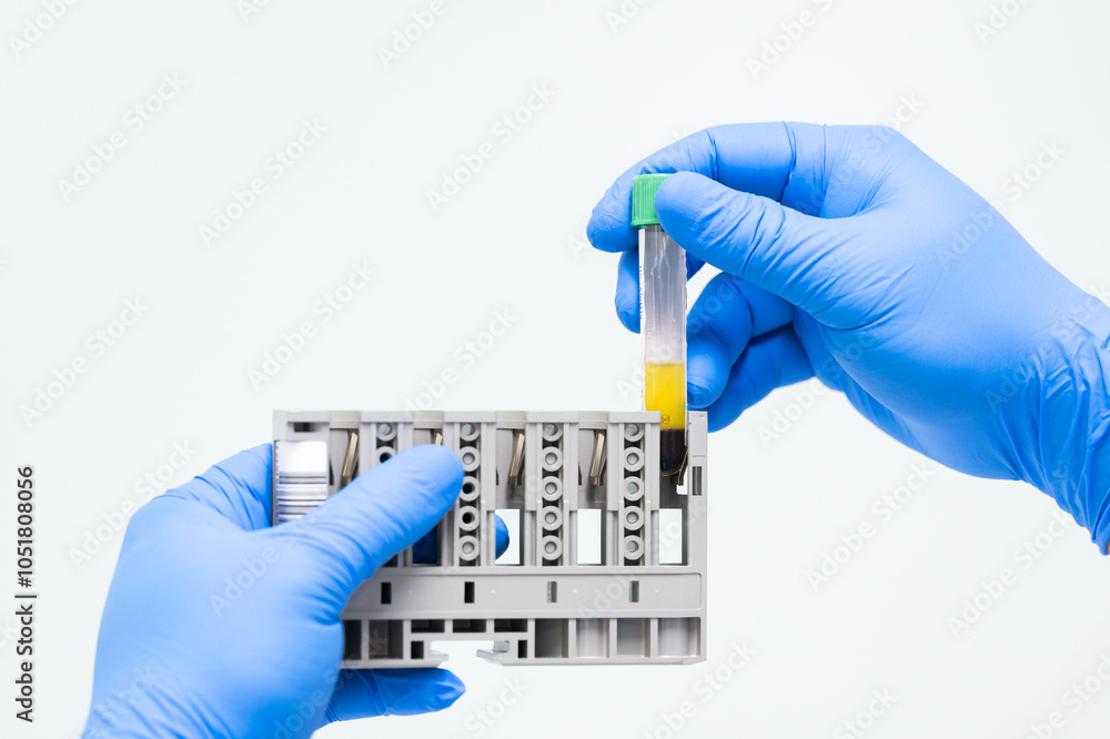 Doctor hand wearing blue gloves taking and checking blood sample tubes from a rack with machines of analysis in the lab on white background.Technician and blood test tube at lalaboratory unit. Doctor hand wearing blue gloves taking and checking blood sample tubes from a rack with machines of analysis in the lab on white background.Technician and blood test tube at lalaboratory unit.