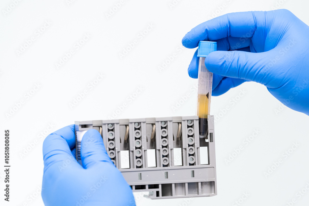 Φωτογραφία Doctor hand wearing blue gloves taking and checking blood sample tubes from a rack with machines of analysis in the lab on white background