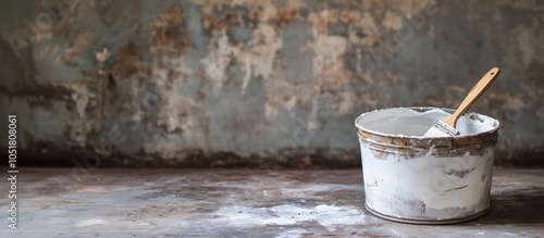 Paint bucket with roller on weathered surface, peeling wall background photo