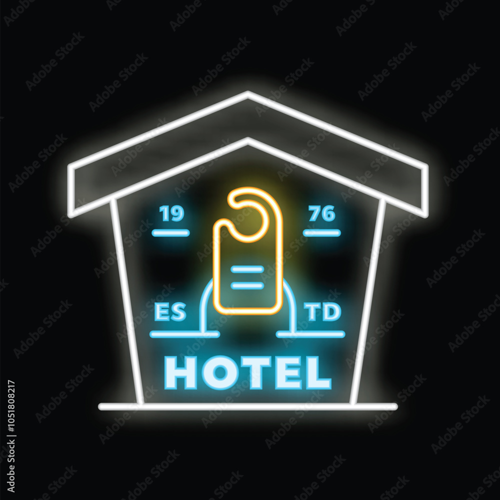 Hotel neon sign with hanging door hanger showing concept of booking room Hotel neon sign with hanging door hanger showing concept of booking room