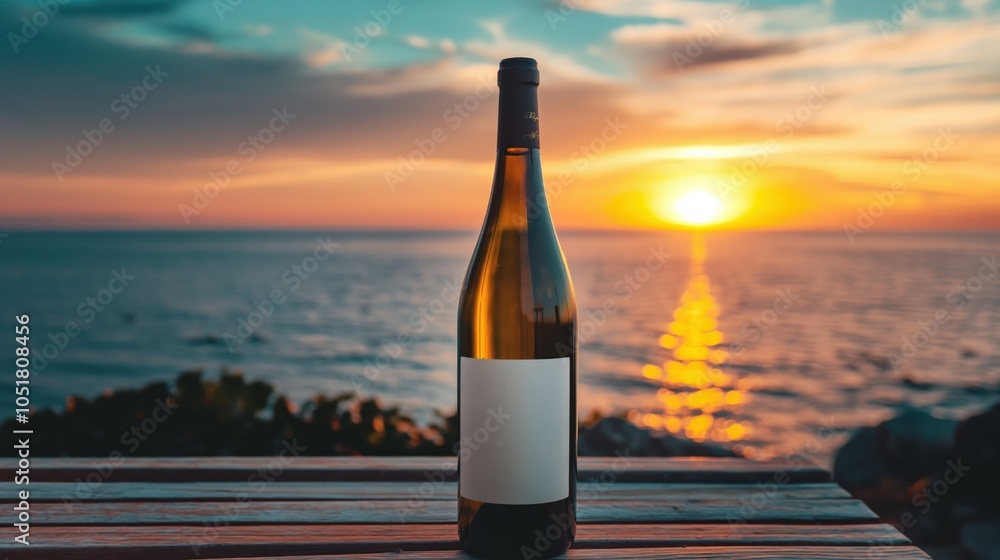 Serene Sunset Over Ocean with Wine Bottle on Wooden Table Serene Sunset Over Ocean with Wine Bottle on Wooden Table