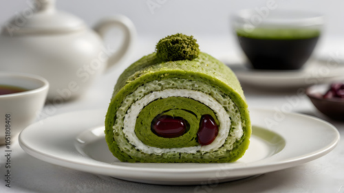 Matcha_green_tea_cake_roll_with_red_bean