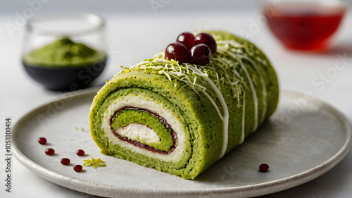 Matcha_green_tea_cake_roll_with_red_bean