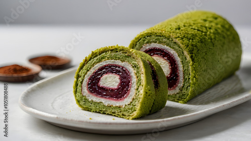 Matcha_green_tea_cake_roll_with_red_bean