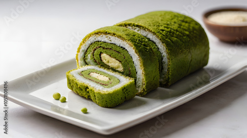 Matcha_green_tea_cake_roll_with_red_bean