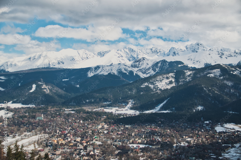 Snow-covered mountain peaks in the Tatras above the town of Zakopane in the Polish mountains