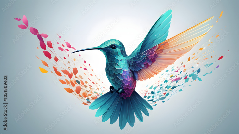 Obraz premium A ruby-throated hummingbird darts between vibrant flowers, its wings a blur of iridescent color against the lush green foliage