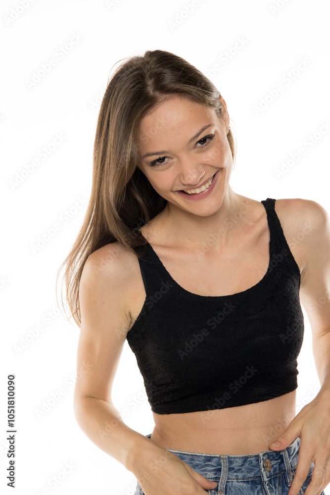 Beautiful woman laughing on a white studio background. Beautiful woman laughing on a white studio background.