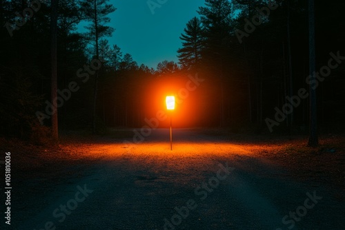 A solitary streetlamp illuminates a dark, forested path at dusk.