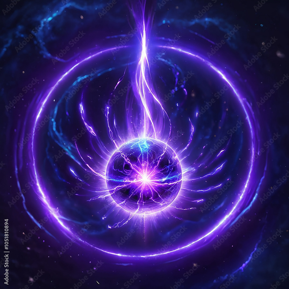 Obraz premium A glowing purple orb with electric tendrils radiates light in the center of a cosmic vortex. It is surrounded by a purple ring and wispy blue energy.