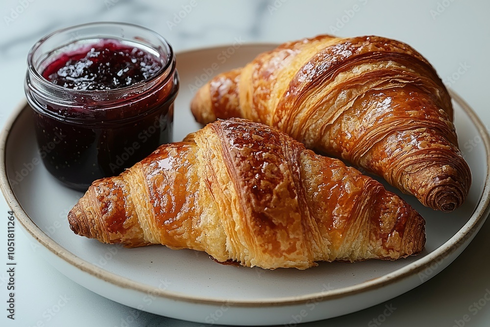 Two golden brown croissants and a jar of dark red jam on a white plate Two golden brown croissants and a jar of dark red jam on a white plate