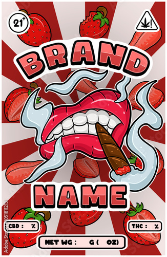 Cartoon Smoking Mouth with Strawberries Strains and Smoke for Cannabis and Tobacco Packaging Design
