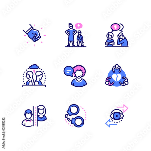 Family problems - line design style icons set. Violation, psychological abuse, quarrels, sexual relationship dissonance, criticism, loss of intimacy, freedom limitations, opposite views, cheating
