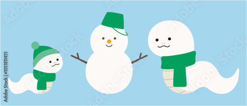 雪だるまを作る蛇の親子のベクターイラスト　冬　巳年　干支　年賀状