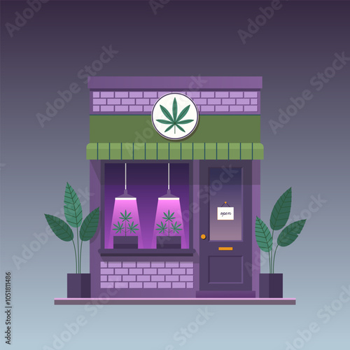 Cannabis shop at night time concept. 