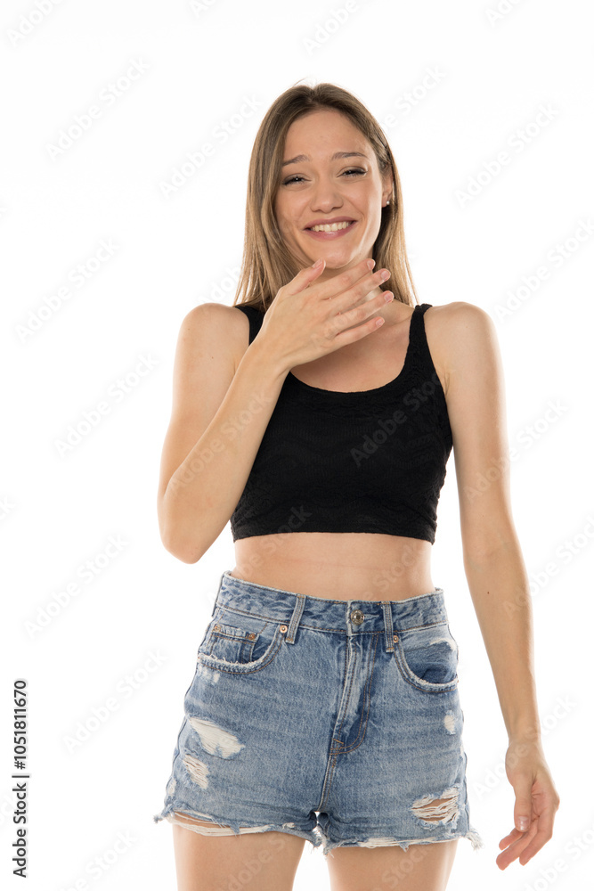 Beautiful woman laughing on a white studio background. Beautiful woman laughing on a white studio background.
