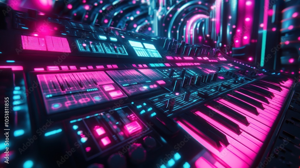 Closeup of a synthesizer keyboard with glowing pink and blue lights in a futuristic setting. Closeup of a synthesizer keyboard with glowing pink and blue lights in a futuristic setting.
