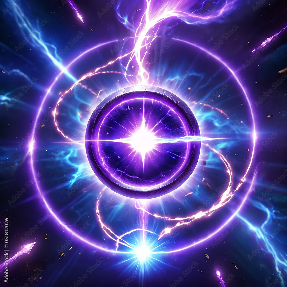Obraz premium A circular, glowing purple orb with a bright white star at its center, surrounded by streaks of blue and purple energy against a dark blue starry background. The orb is surrounded by a glowing purple