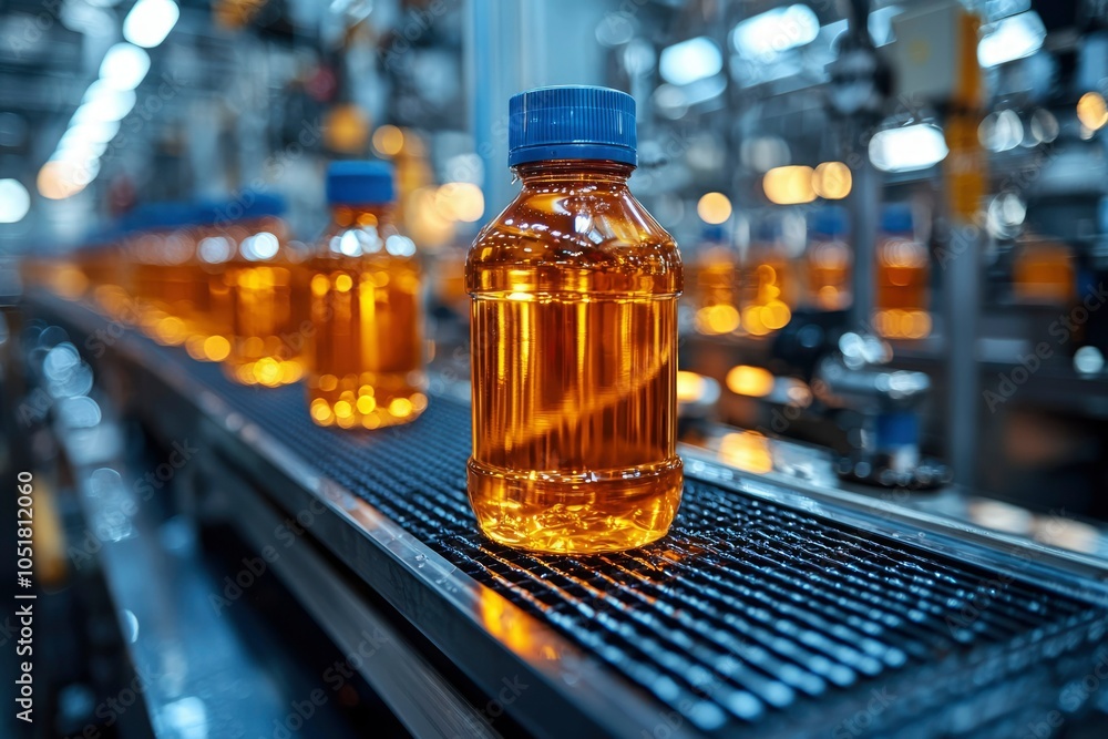 Amber Liquid Bottles Moving Along Conveyor Belt in Factory Amber Liquid Bottles Moving Along Conveyor Belt in Factory