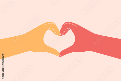 Two hands Male and female connect and make heart shape by fingers. Adult Different skin arms showing like gesture. Interracial love relationship and friendship. Vector illustration