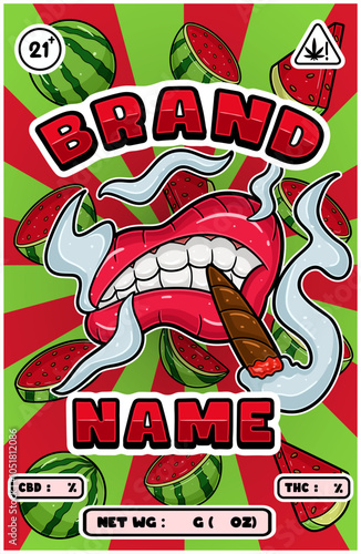 Cartoon Smoking Mouth with Watermelon Strains and Smoke for Cannabis and Tobacco Packaging Design
