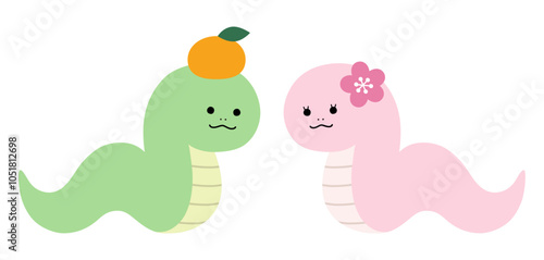 かわいい蛇の男の子と女の子のベクターイラスト　巳　干支　年賀状　ミカン　花