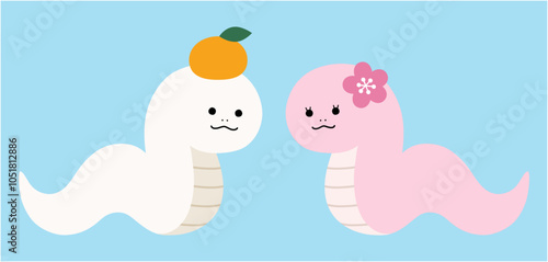 かわいい蛇の男の子と女の子のベクターイラスト　巳　干支　年賀状　ミカン　花